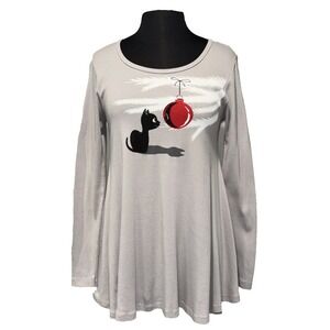 Green 3 Classic Christmas Kitty Round Neck Long Sleeve Tunic Women's Size M Gray